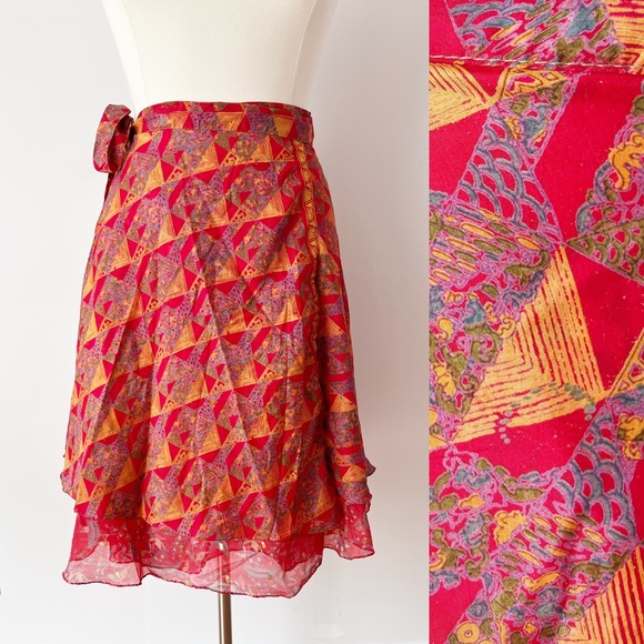 India Dresses & Skirts - Pure Silk India Layered Wrap Midi Skirt Red Plus Size Large Bright Vibrant